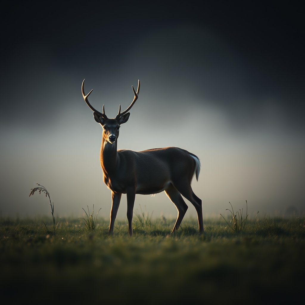 a deer standing in a misty meadow at dawn, moody lighting, high contrast, fine art photography