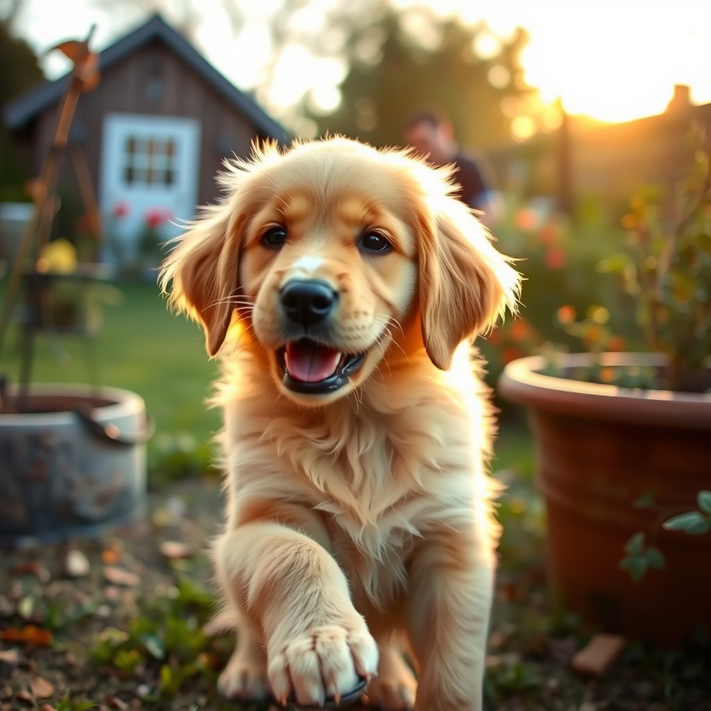 a playful golden retriever puppy in a garden, golden hour lighting, warm tones, atmospheric
