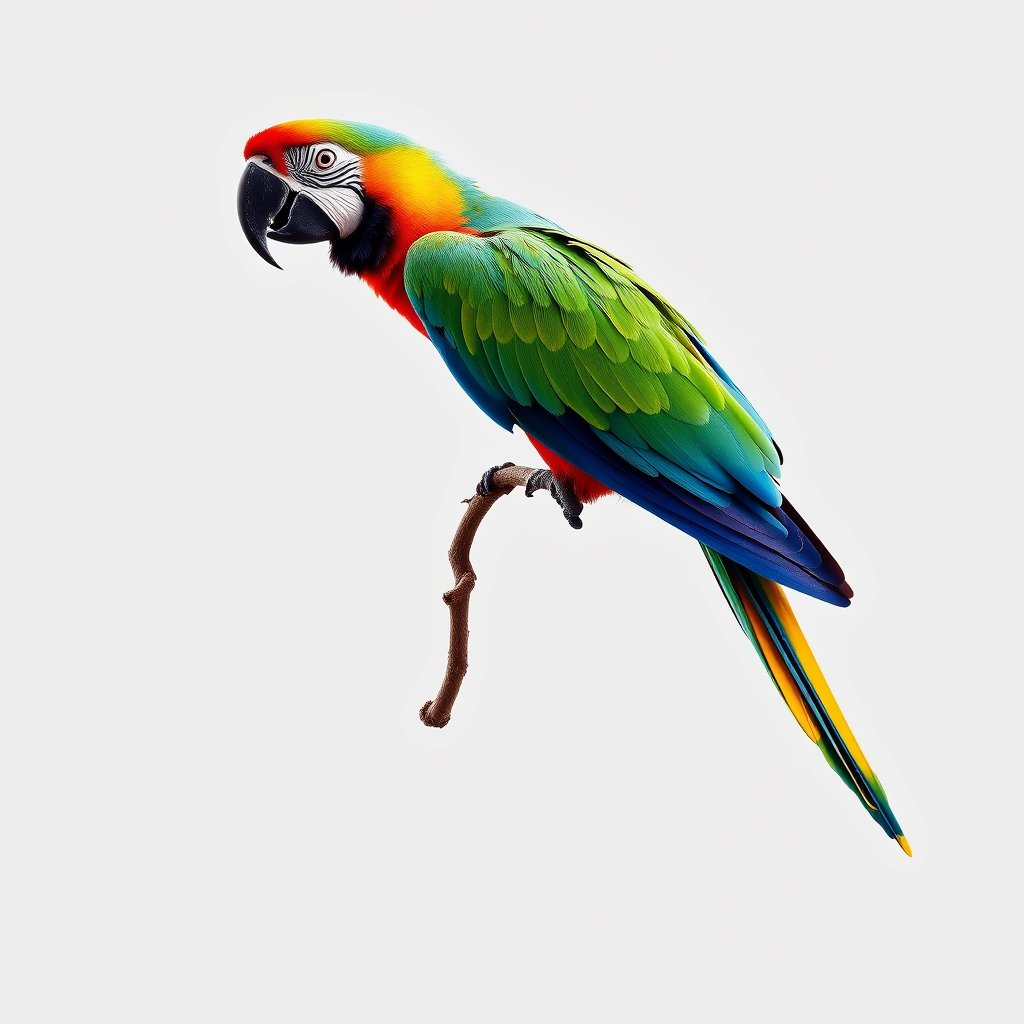 a colorful tropical parrot on a branch, minimalist composition, clean background, elegant