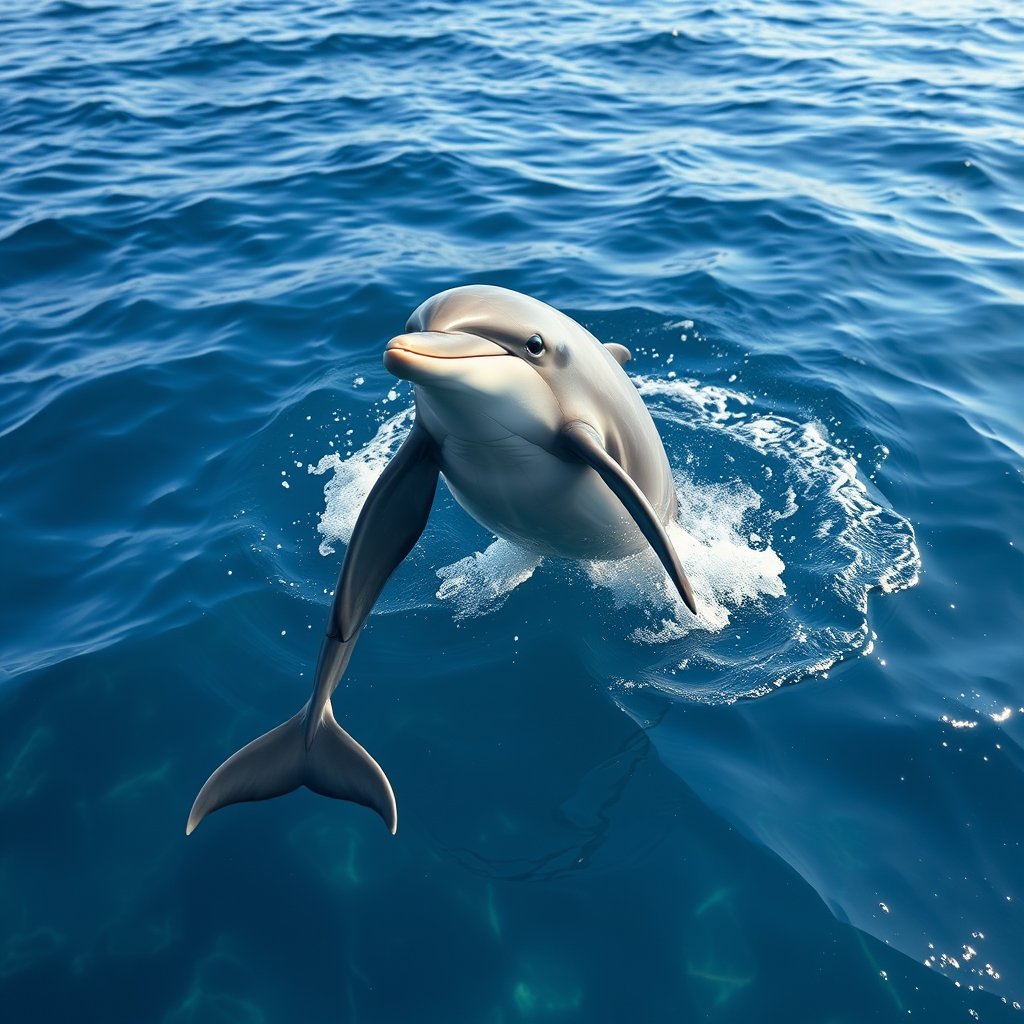 a dolphin jumping out of clear blue ocean water, ultra realistic, crisp details, studio quality