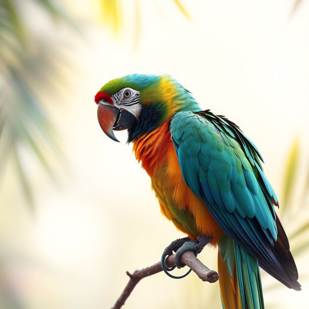 a colorful tropical parrot on a branch, bright and airy, pastel tones, dreamy aesthetic