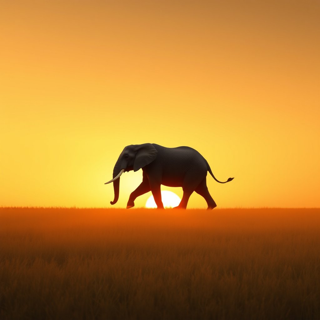 an elephant walking across the african savanna at sunset, minimalist composition, clean background, elegant