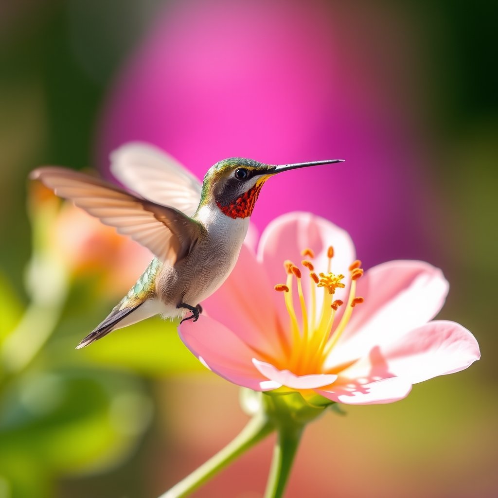 a hummingbird hovering near a bright flower, soft natural light, shallow depth of field, bokeh