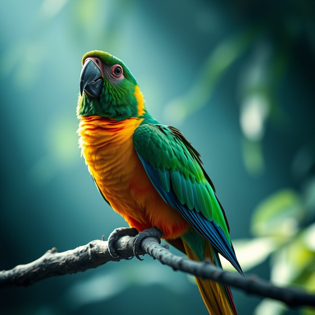 a colorful tropical parrot on a branch, cinematic lighting, vibrant colors, dramatic atmosphere