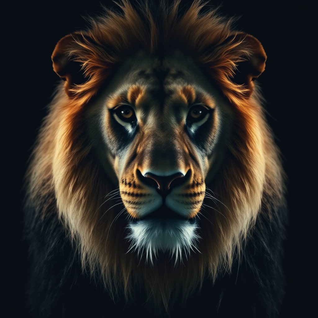 a close-up portrait of a lion with a golden mane, moody lighting, high contrast, fine art photography