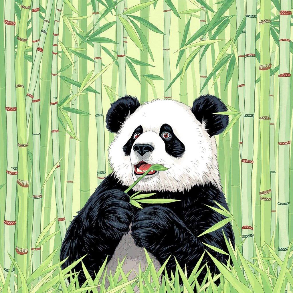 a panda eating bamboo in a green forest, bright and airy, pastel tones, dreamy aesthetic