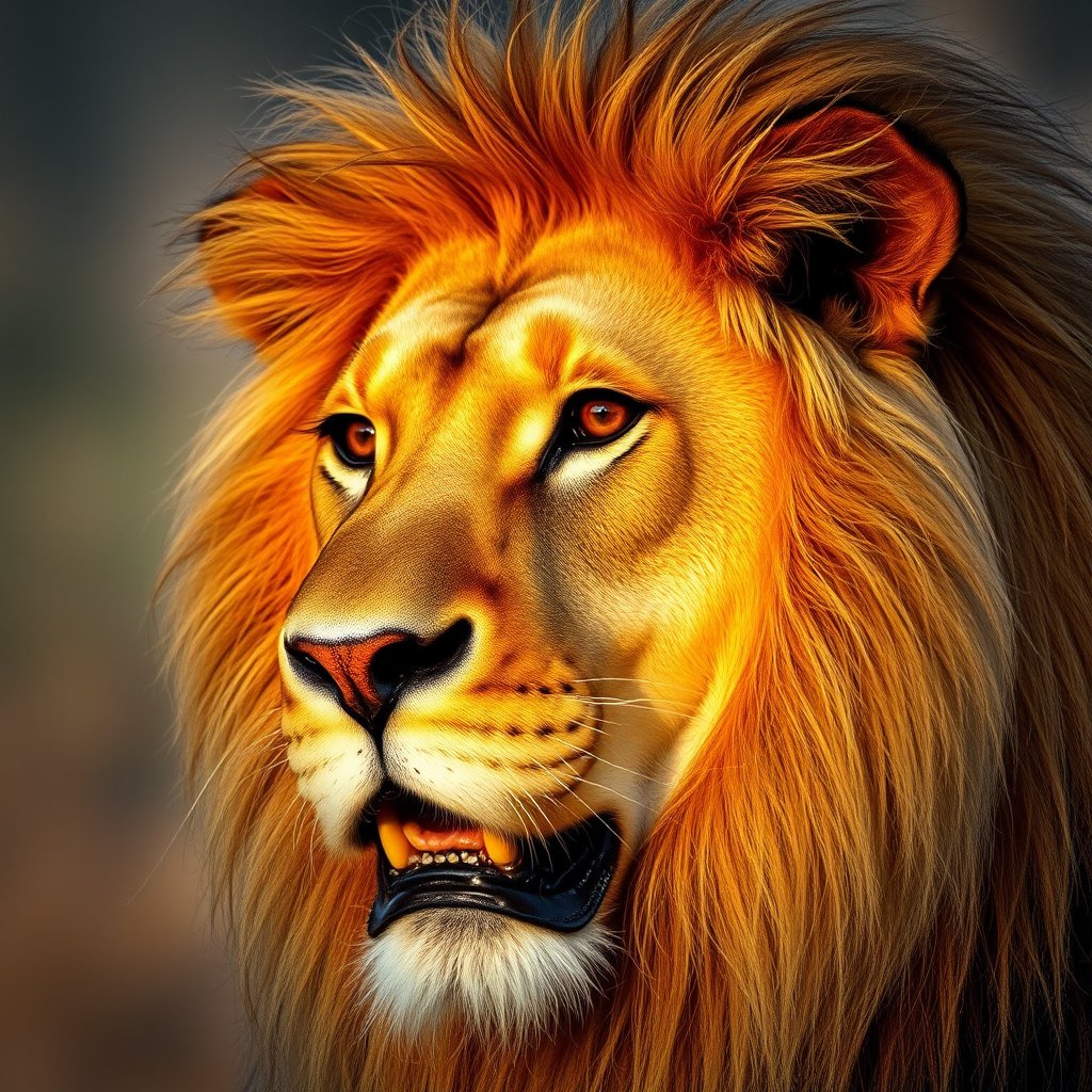 a close-up portrait of a lion with a golden mane, golden hour lighting, warm tones, atmospheric