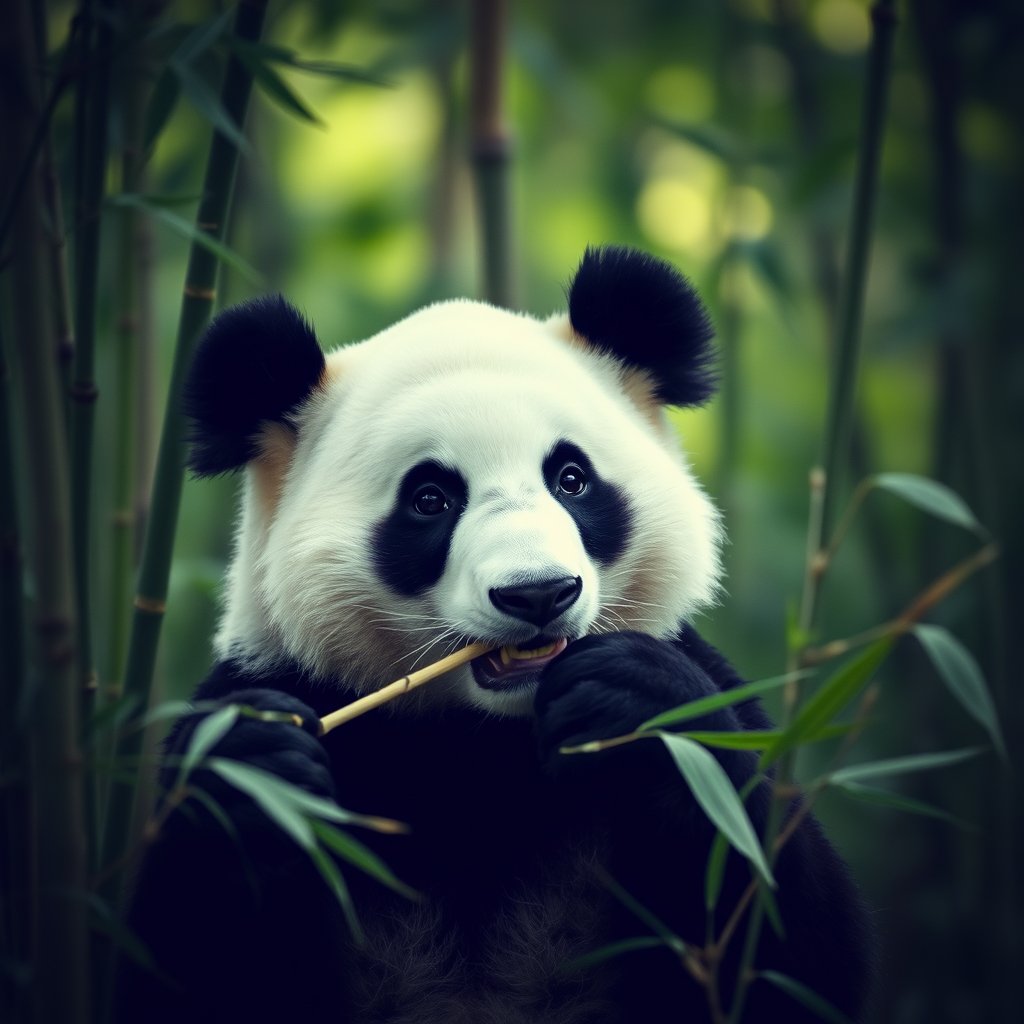 a panda eating bamboo in a green forest, soft natural light, shallow depth of field, bokeh