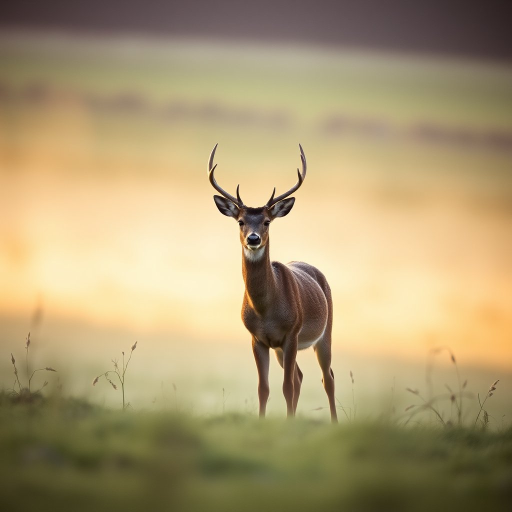 a deer standing in a misty meadow at dawn, soft natural light, shallow depth of field, bokeh