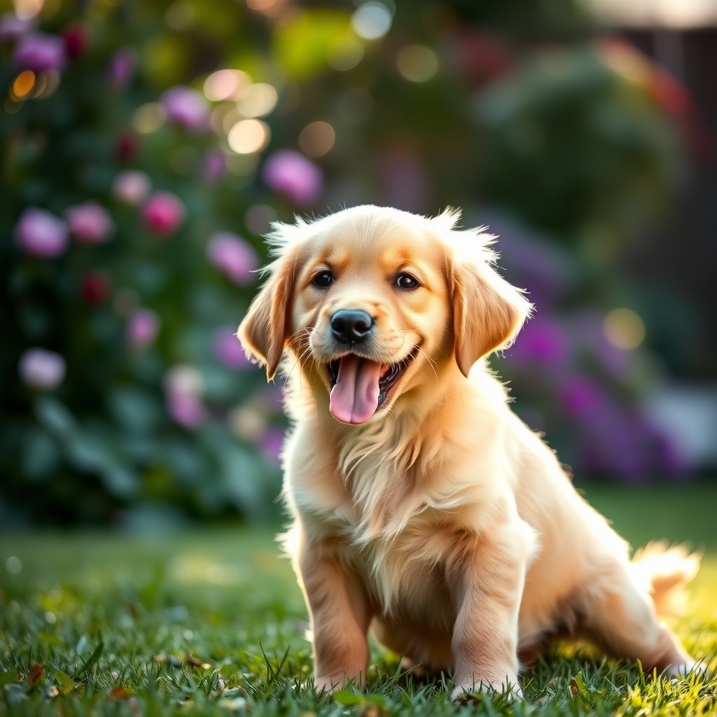 a playful golden retriever puppy in a garden, soft natural light, shallow depth of field, bokeh