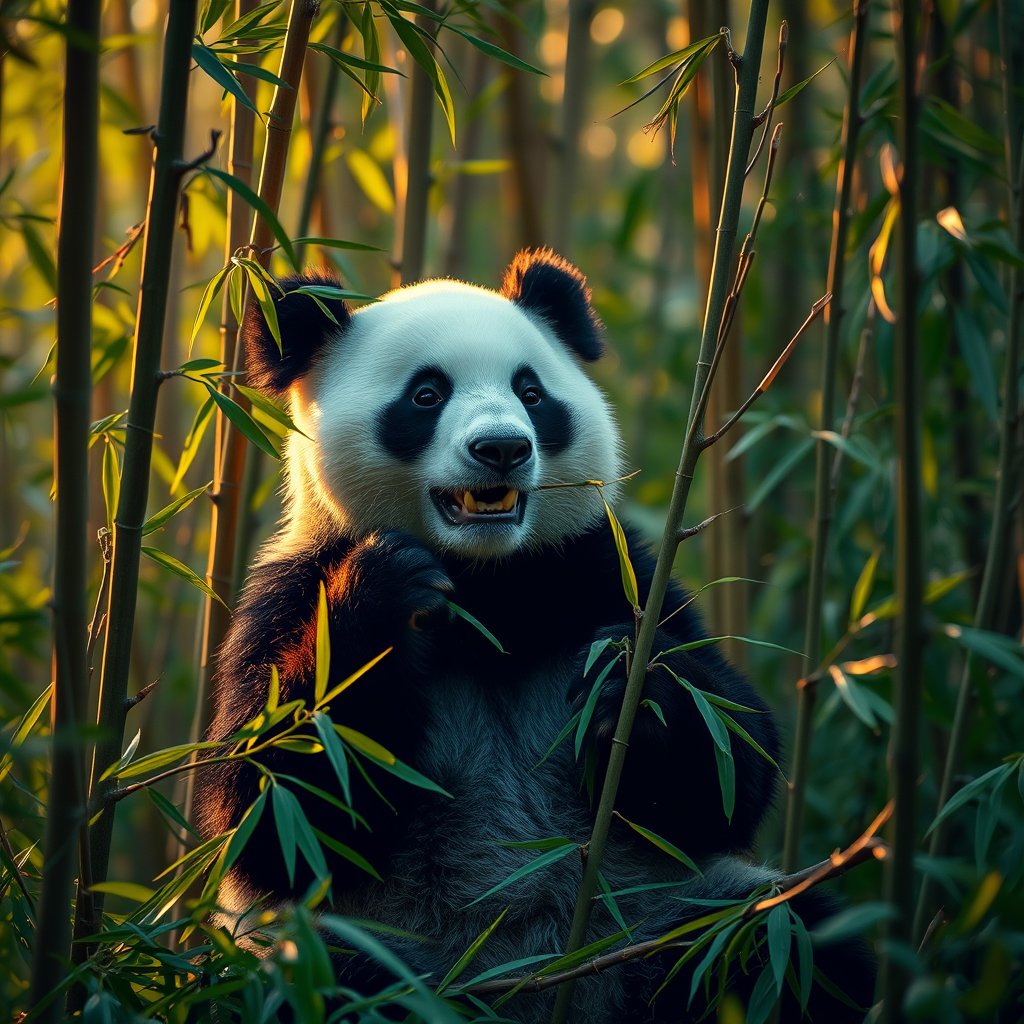 a panda eating bamboo in a green forest, golden hour lighting, warm tones, atmospheric