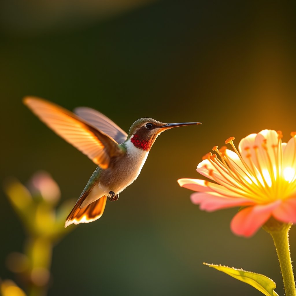a hummingbird hovering near a bright flower, golden hour lighting, warm tones, atmospheric