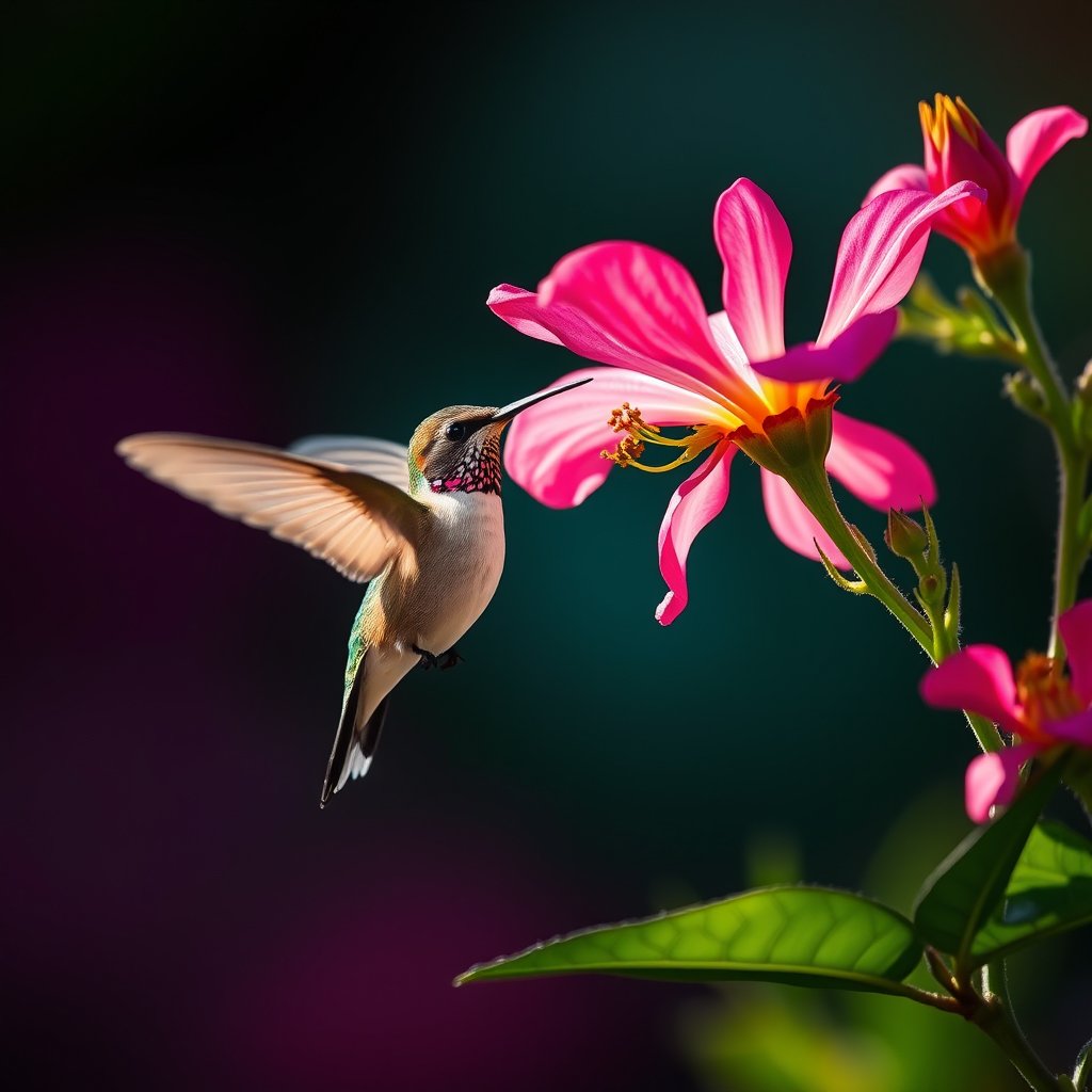 a hummingbird hovering near a bright flower, cinematic lighting, vibrant colors, dramatic atmosphere