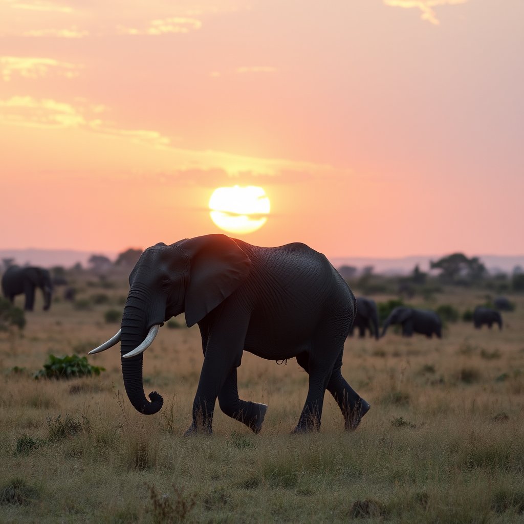 an elephant walking across the african savanna at sunset, bright and airy, pastel tones, dreamy aesthetic