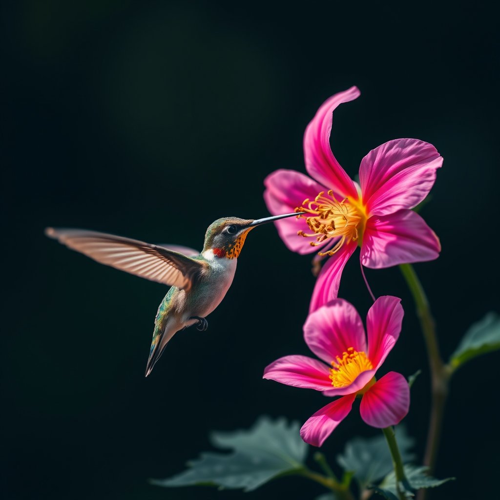 a hummingbird hovering near a bright flower, moody lighting, high contrast, fine art photography