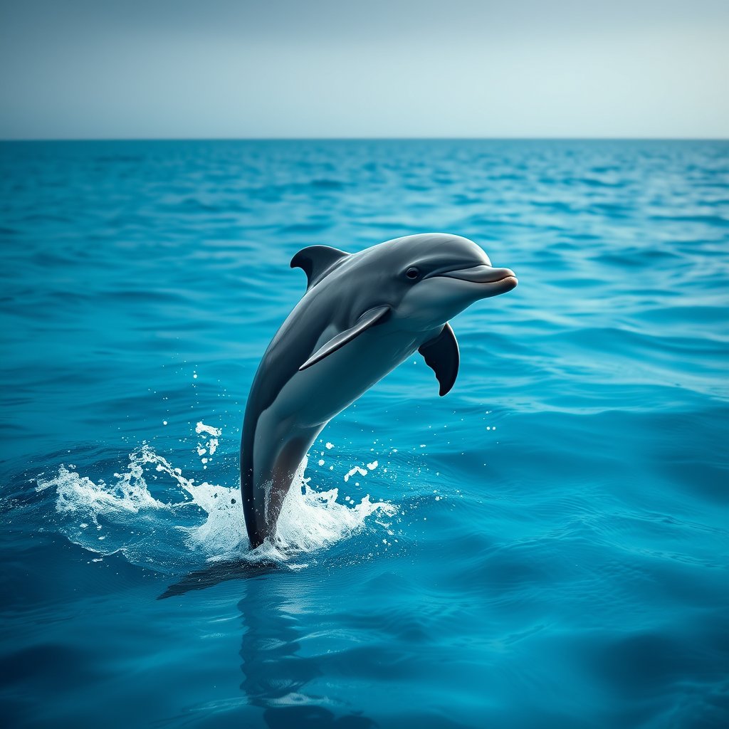 a dolphin jumping out of clear blue ocean water, moody lighting, high contrast, fine art photography