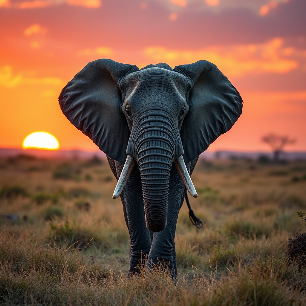 an elephant walking across the african savanna at sunset, highly detailed, 8k, professional photography, sharp focus