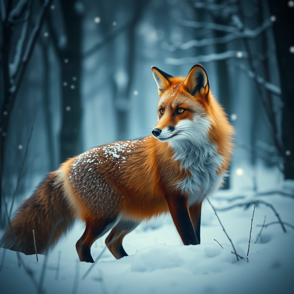 a majestic red fox in a snowy forest, cinematic lighting, vibrant colors, dramatic atmosphere