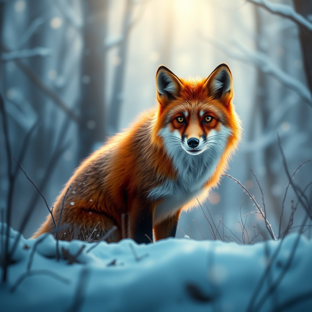 a majestic red fox in a snowy forest, cinematic lighting, vibrant colors, dramatic atmosphere