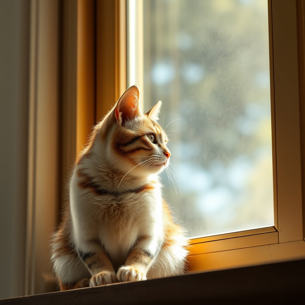 a curious cat sitting by a sunny window, ultra realistic, crisp details, studio quality