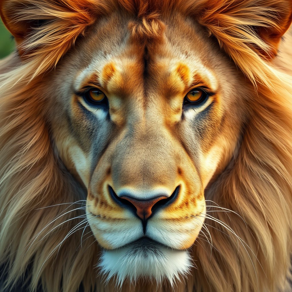 a close-up portrait of a lion with a golden mane, bright and airy, pastel tones, dreamy aesthetic