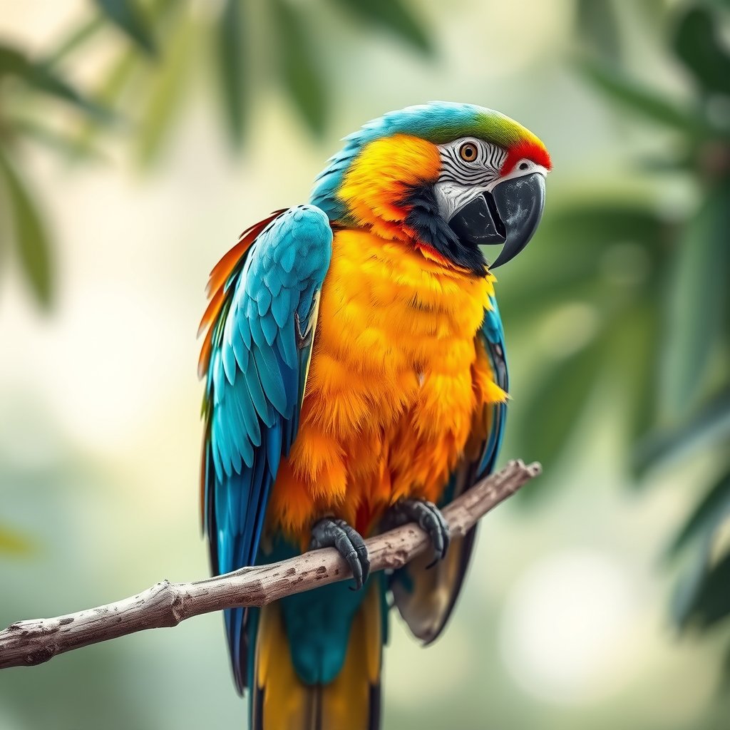 a colorful tropical parrot on a branch, bright and airy, pastel tones, dreamy aesthetic