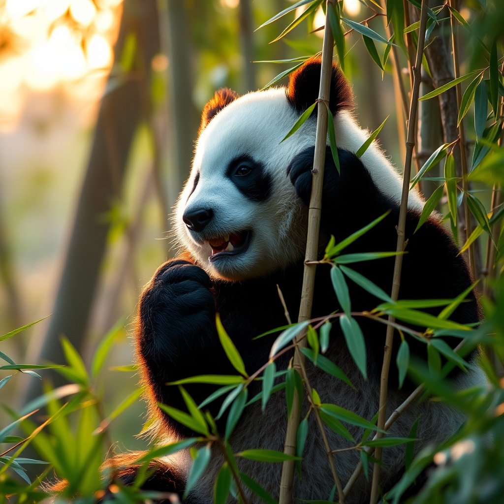 a panda eating bamboo in a green forest, golden hour lighting, warm tones, atmospheric