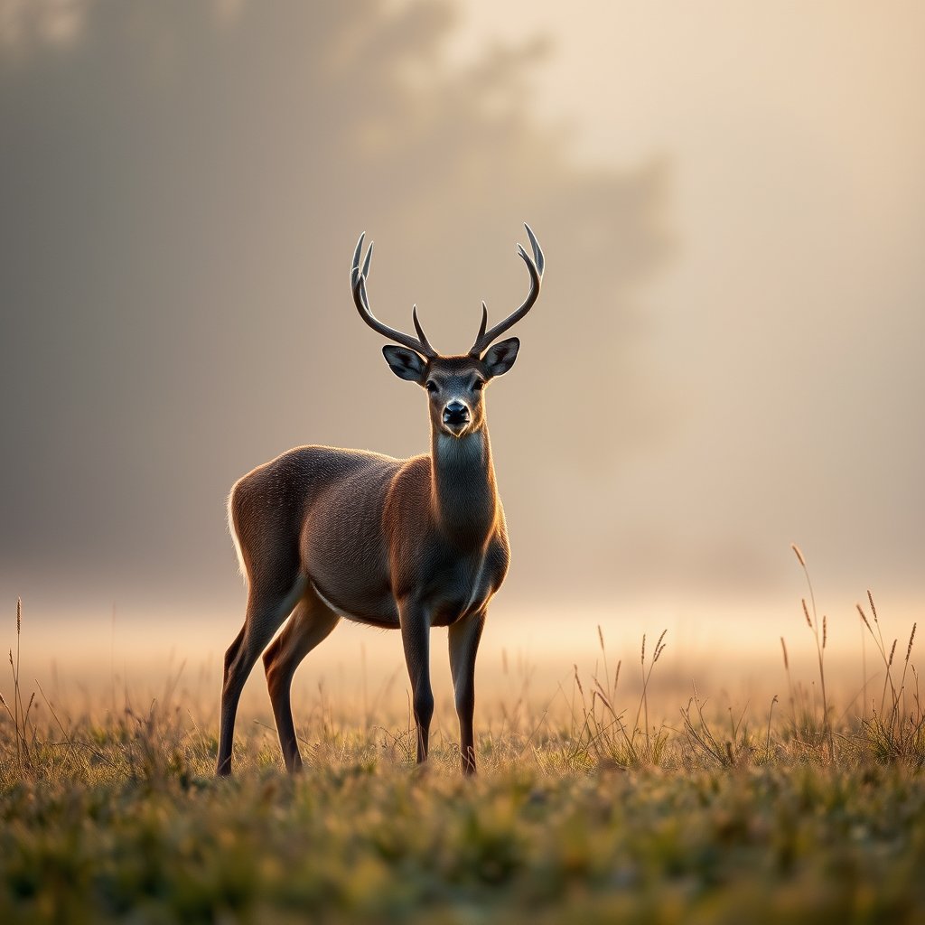 a deer standing in a misty meadow at dawn, ultra realistic, crisp details, studio quality