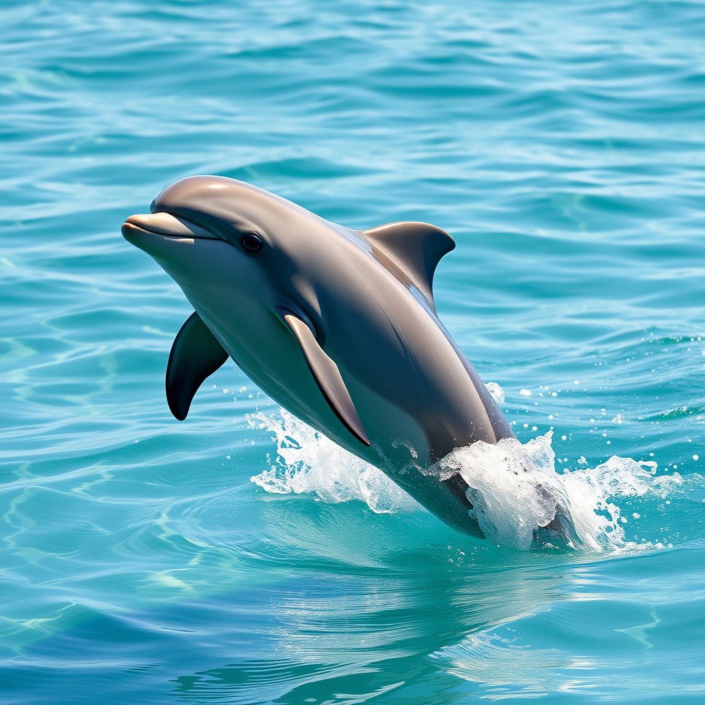 a dolphin jumping out of clear blue ocean water, ultra realistic, crisp details, studio quality