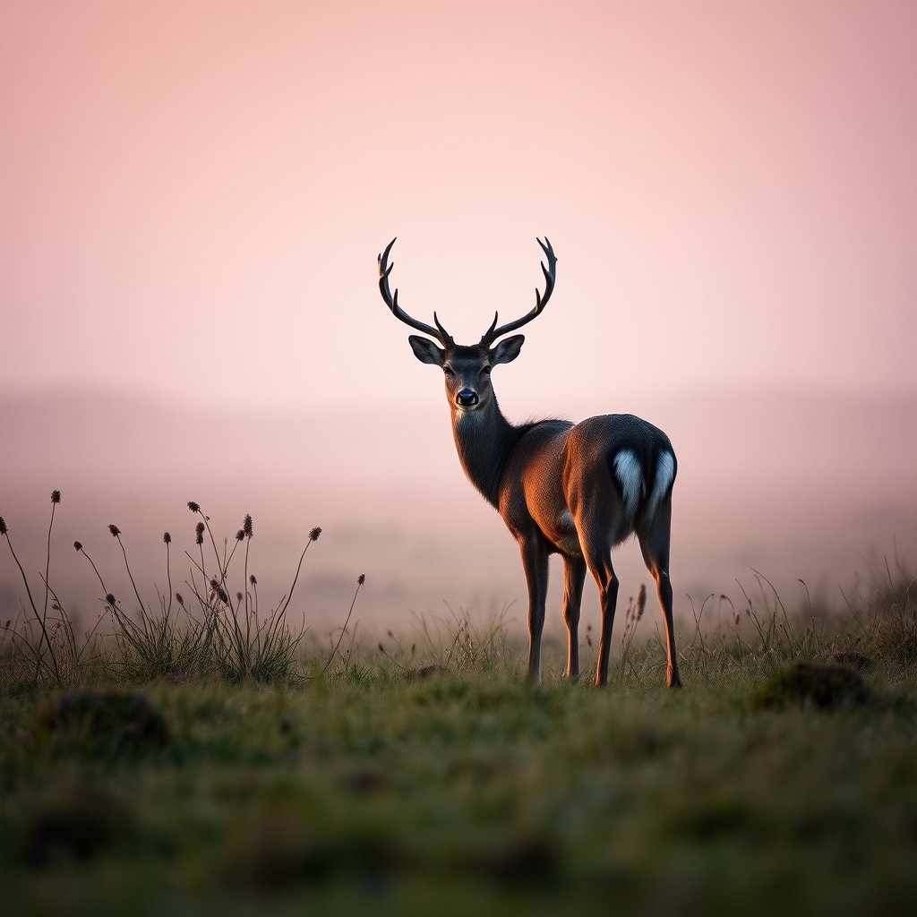 a deer standing in a misty meadow at dawn, highly detailed, 8k, professional photography, sharp focus