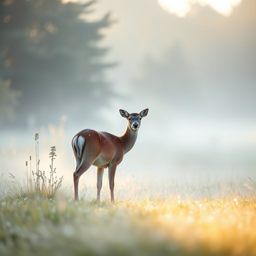a deer standing in a misty meadow at dawn, bright and airy, pastel tones, dreamy aesthetic