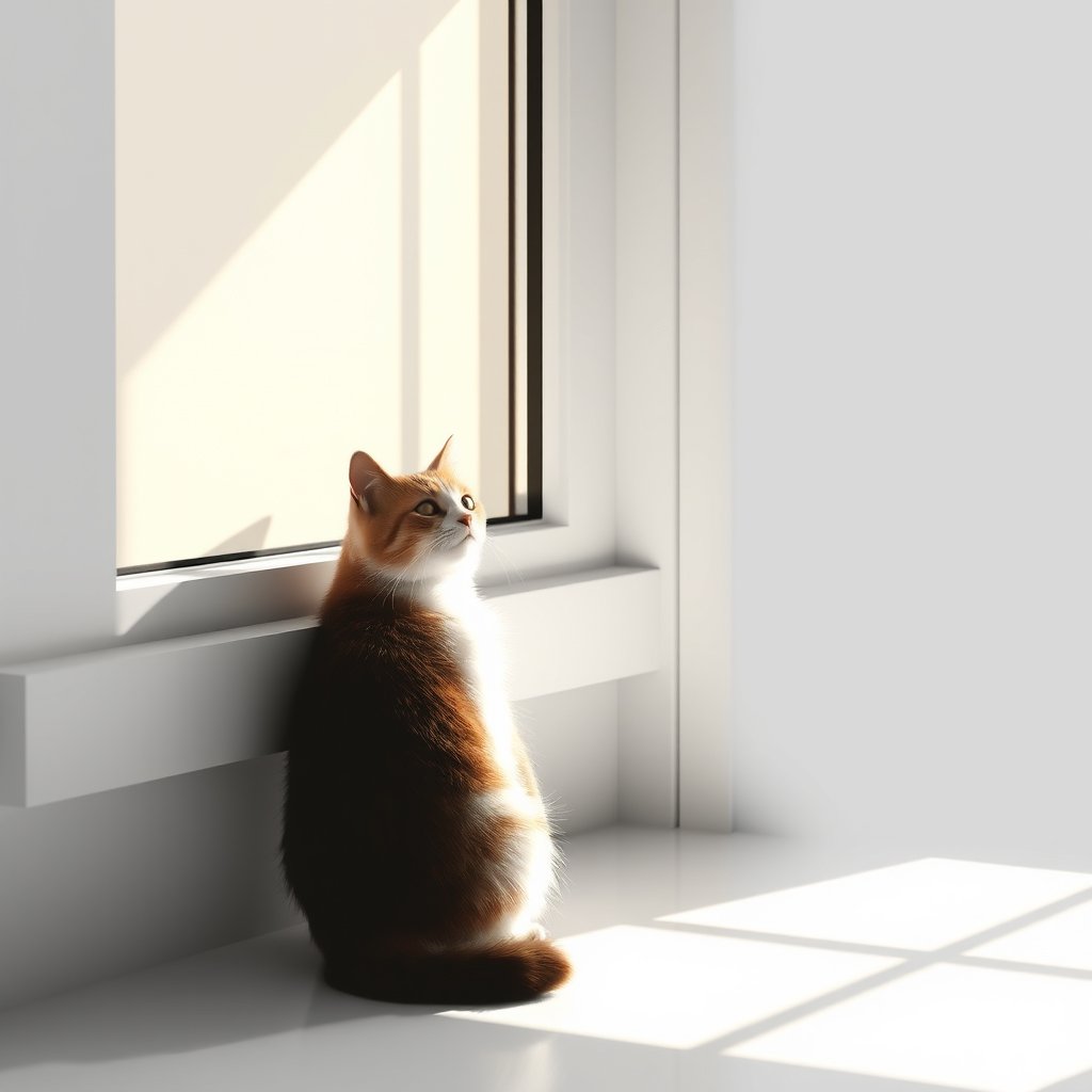 a curious cat sitting by a sunny window, minimalist composition, clean background, elegant