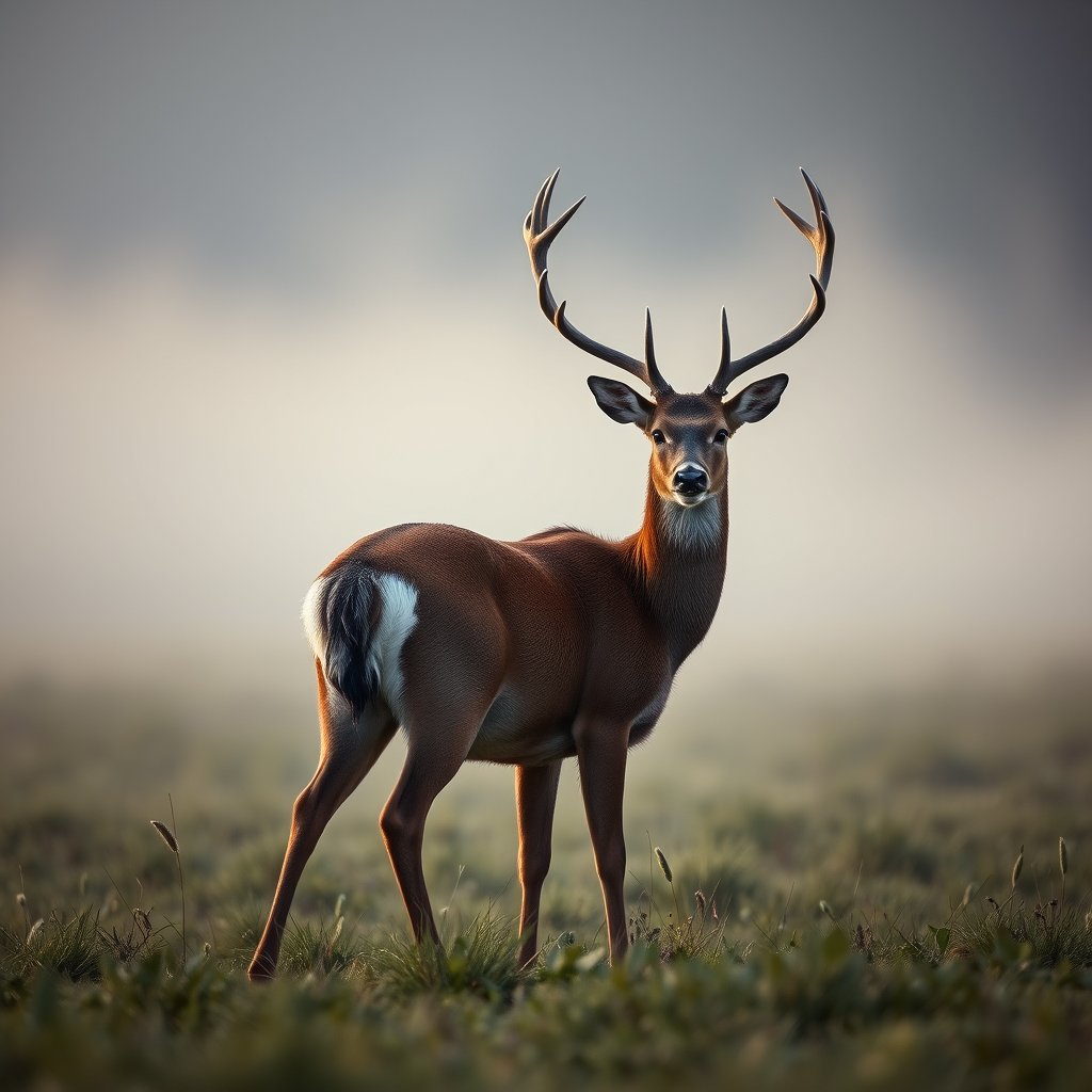 a deer standing in a misty meadow at dawn, ultra realistic, crisp details, studio quality