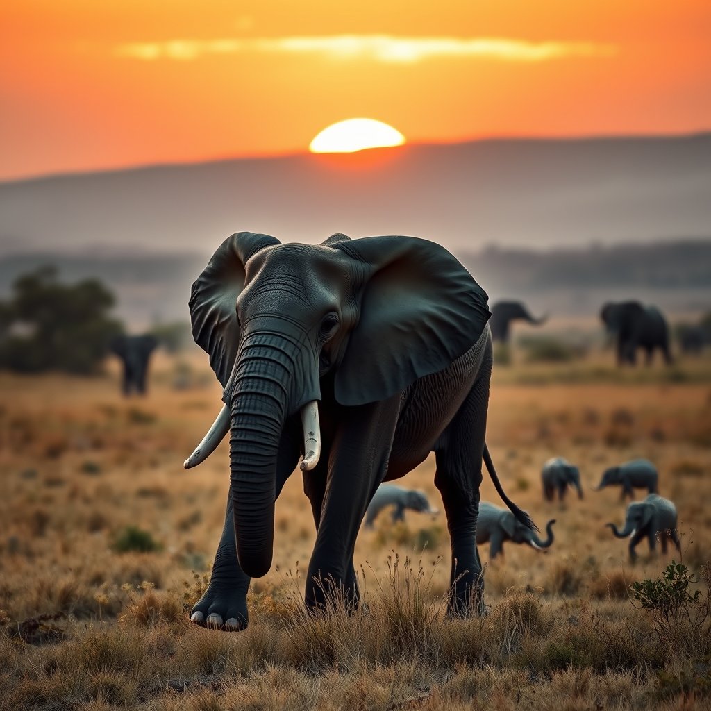 an elephant walking across the african savanna at sunset, ultra realistic, crisp details, studio quality