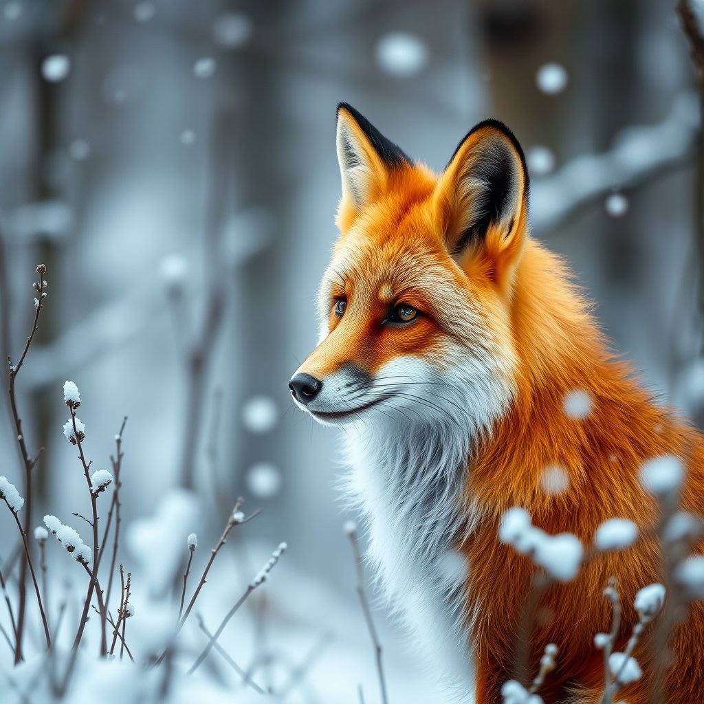 a majestic red fox in a snowy forest, ultra realistic, crisp details, studio quality