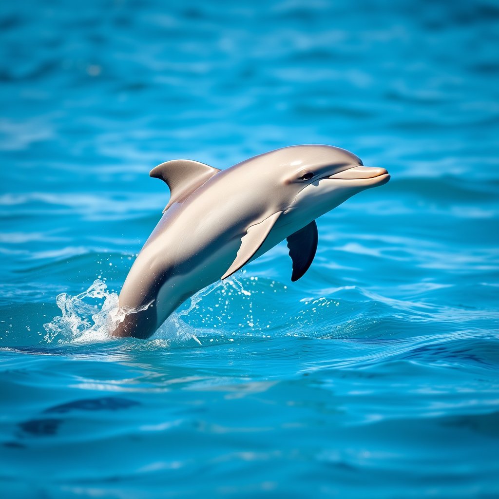a dolphin jumping out of clear blue ocean water, soft natural light, shallow depth of field, bokeh
