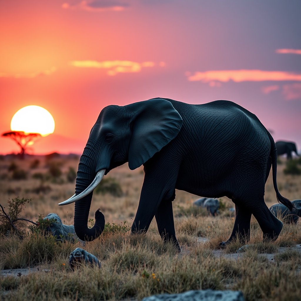 an elephant walking across the african savanna at sunset, highly detailed, 8k, professional photography, sharp focus