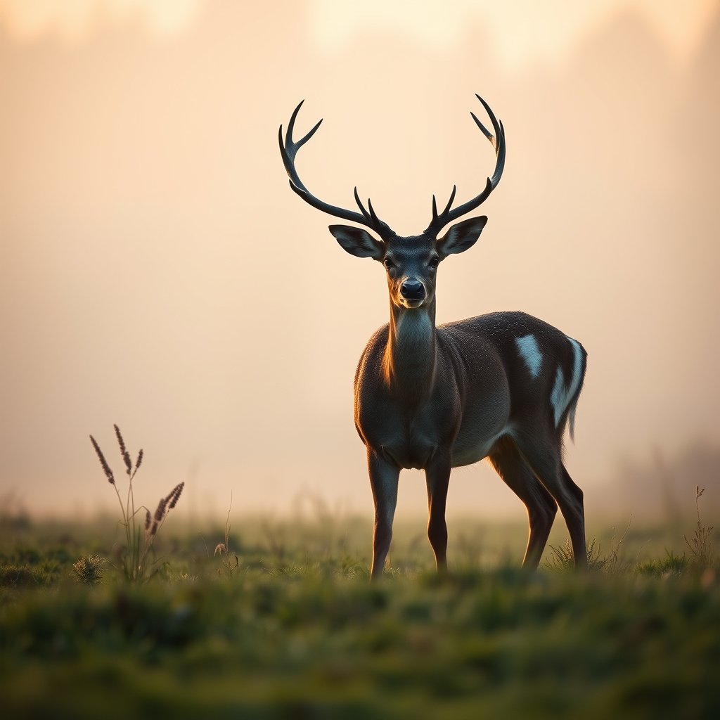 a deer standing in a misty meadow at dawn, ultra realistic, crisp details, studio quality