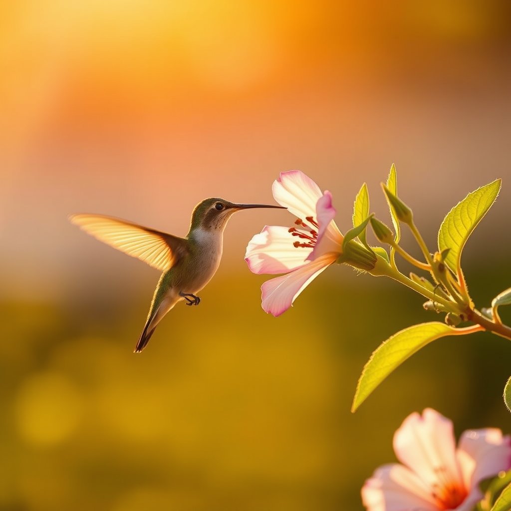 a hummingbird hovering near a bright flower, golden hour lighting, warm tones, atmospheric
