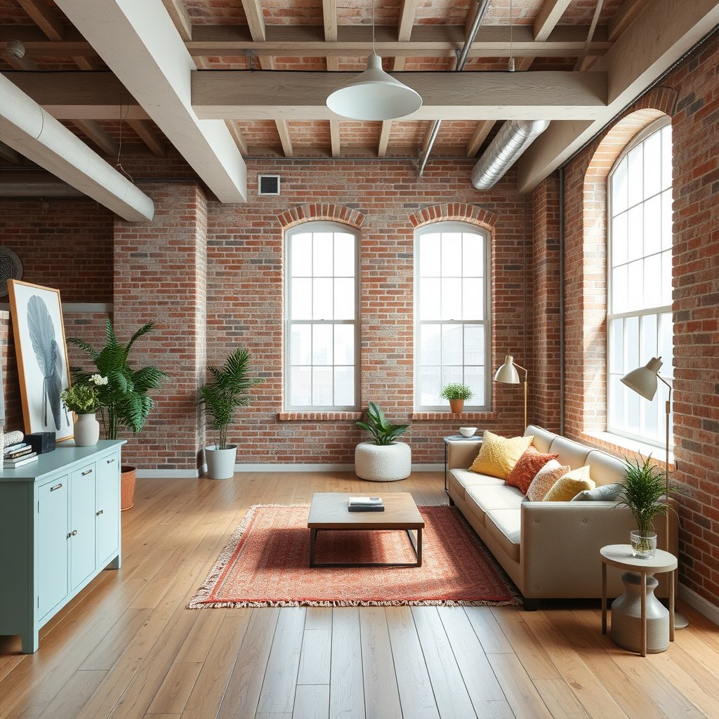 an industrial loft apartment with exposed brick walls, bright and airy, pastel tones, dreamy aesthetic