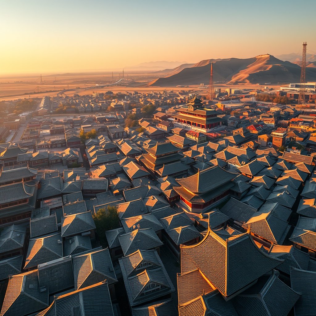 Photorealistic civilian drone aerial photo of Xi'an, with orderly city blocks, traditional roof forms, ancient-wall atmosphere and a dry northern landscape. high wide drone panorama, neighborhoods, landscape and skyline, happy golden-hour light. Realistic Chinese architecture and terrain, believable scale. Conceptual, not onsite. No close people, aircraft, readable signs, text, logo, watermark, fantasy or extreme HDR., highly detailed, 8k, professional photography, sharp focus