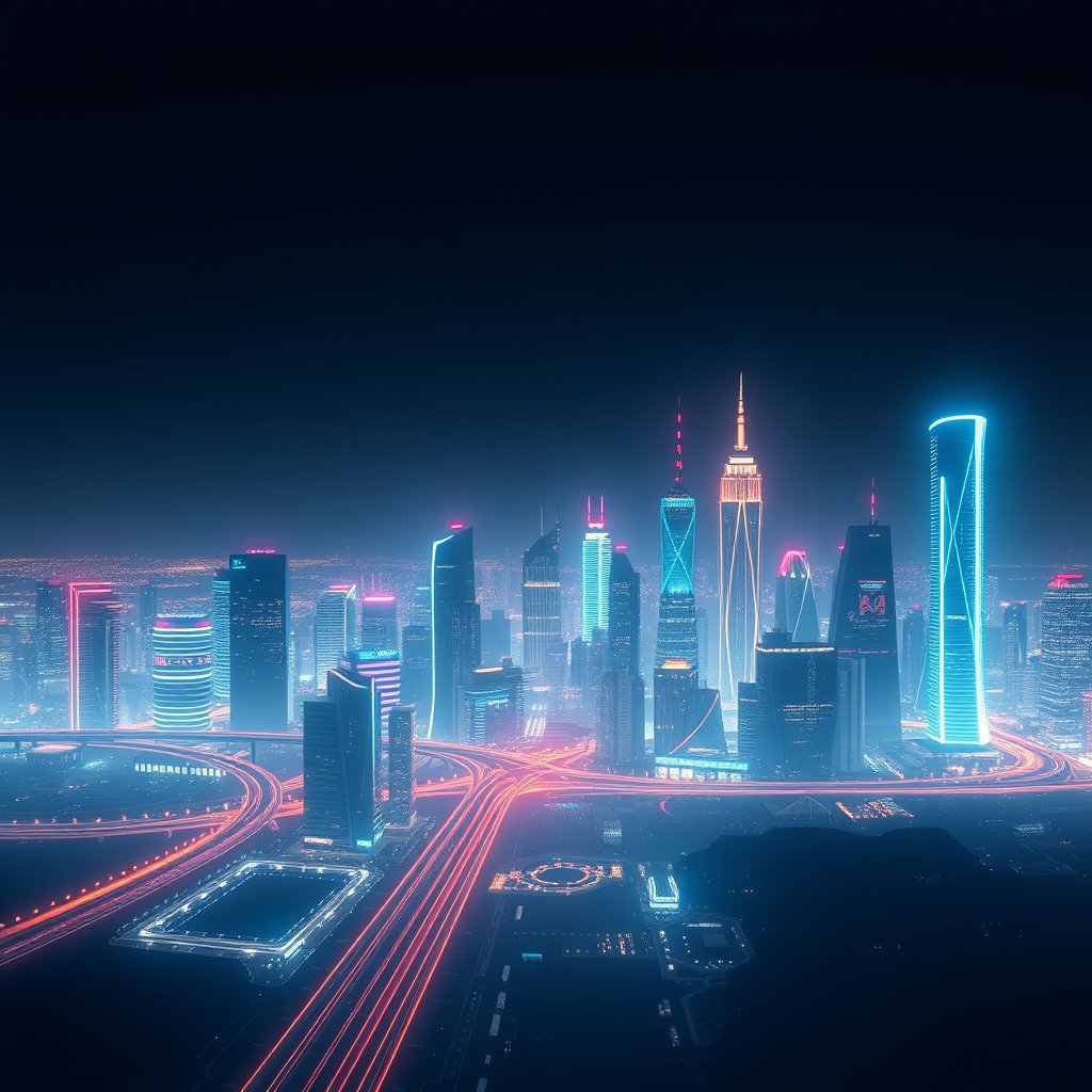 a futuristic city skyline at night with neon lights, minimalist composition, clean background, elegant