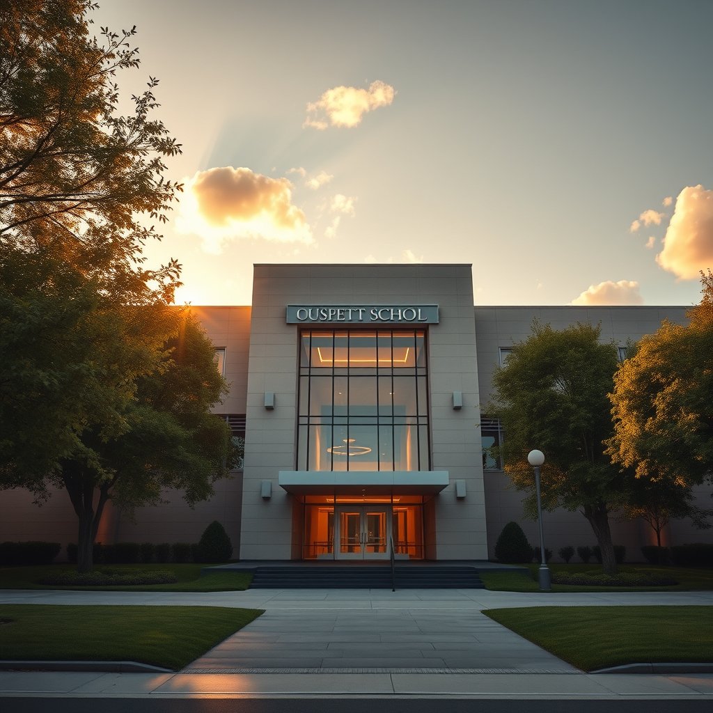 Create an ultra-realistic cinematic introduction of a prestigious modern school building. Begin with a slow aerial-style reveal, then smoothly transition into a gentle forward camera movement toward the main entrance. The building should appear elegant, clean, and inspiring. Warm golden sunrise light softly illuminates the architecture, creating realistic reflections on the windows and subtle shadows across the walls.

The trees gently sway in a light breeze, leaves move naturally, and clouds d, golden hour lighting, warm tones, atmospheric