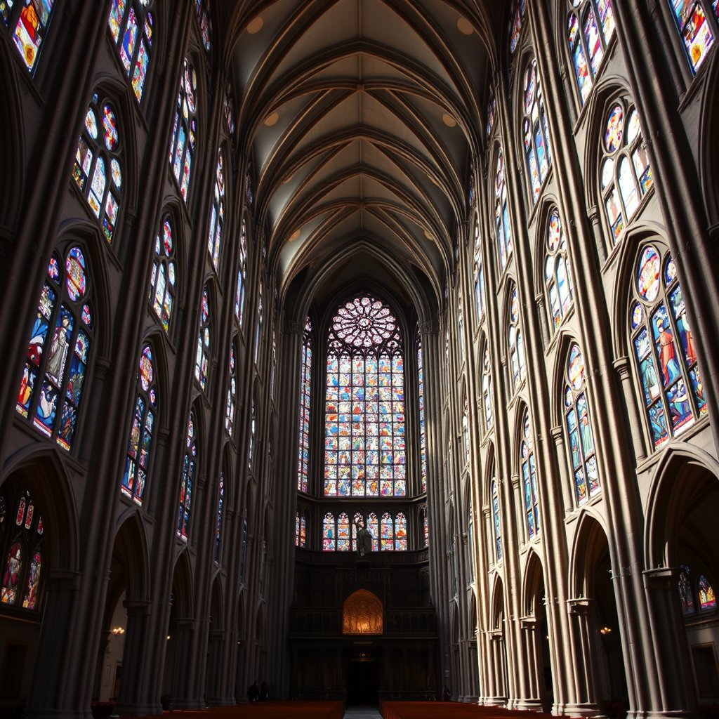 a grand cathedral interior with stained glass windows, highly detailed, 8k, professional photography, sharp focus