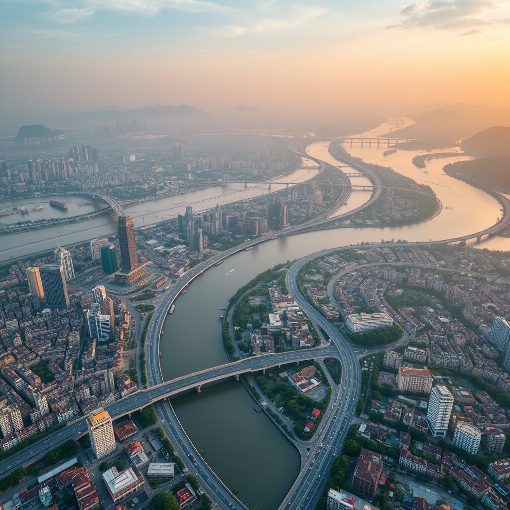 Photorealistic civilian drone aerial photo of Wuhan, with broad rivers, major bridges, lakes, dense city blocks and humid central-China atmosphere. high wide drone panorama, neighborhoods, landscape and skyline, happy golden-hour light. Realistic Chinese architecture and terrain, believable scale. Conceptual, not onsite. No close people, aircraft, readable signs, text, logo, watermark, fantasy or extreme HDR., moody lighting, high contrast, fine art photography