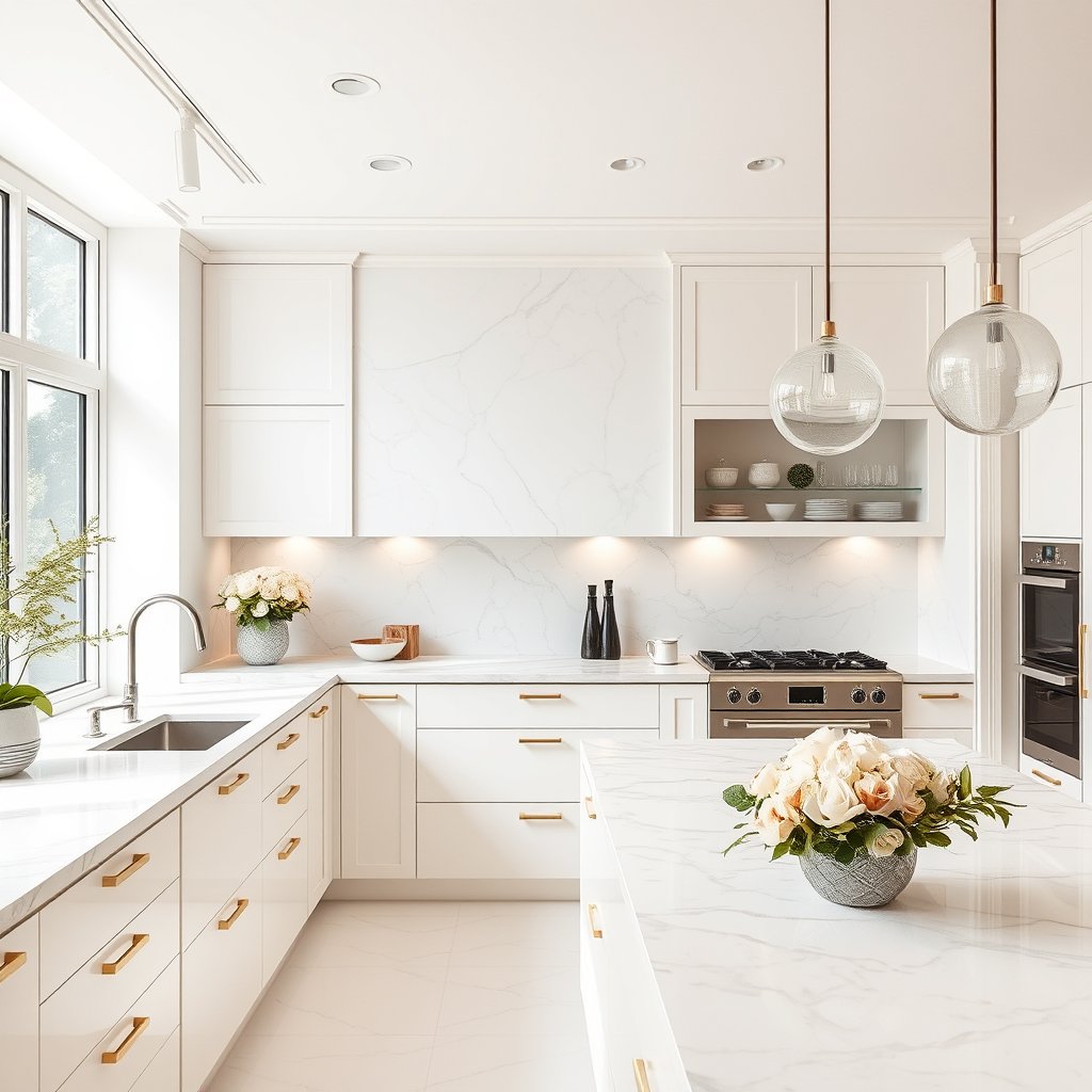 a luxurious modern kitchen with marble countertops, bright and airy, pastel tones, dreamy aesthetic