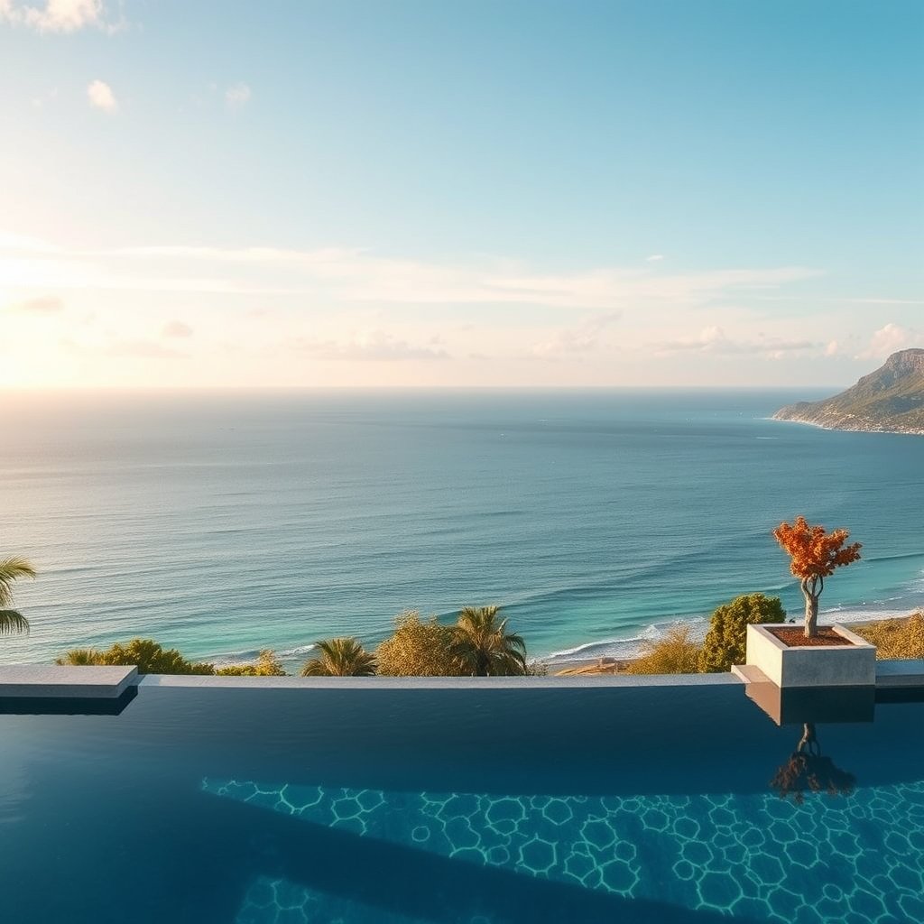 a beautiful infinity pool overlooking the ocean, ultra realistic, crisp details, studio quality
