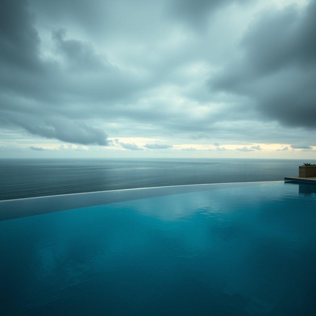 a beautiful infinity pool overlooking the ocean, moody lighting, high contrast, fine art photography