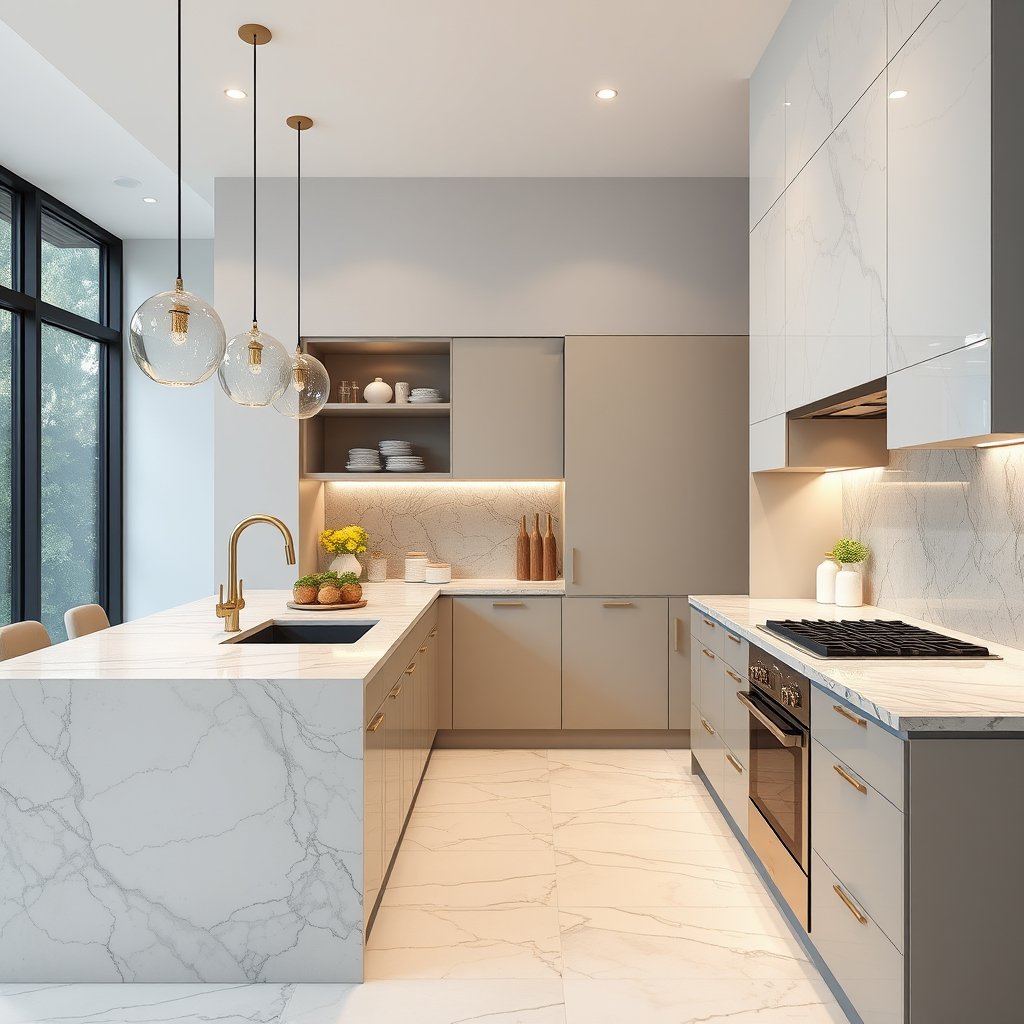 a luxurious modern kitchen with marble countertops, ultra realistic, crisp details, studio quality