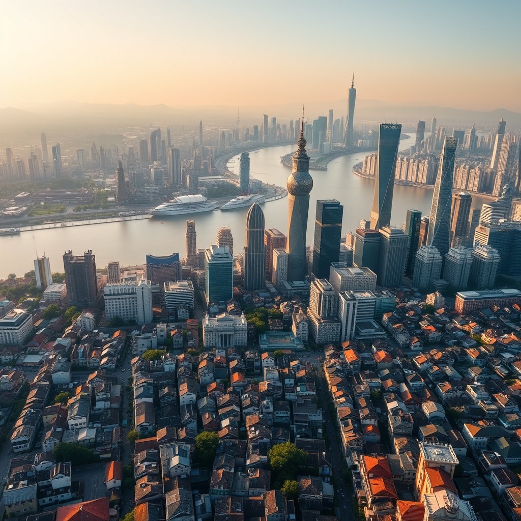 Photorealistic civilian drone aerial photo of Shanghai, with dense urban blocks, riverfront skyline, old lane houses and modern towers. high wide drone panorama, neighborhoods, landscape and skyline, happy golden-hour light. Realistic Chinese architecture and terrain, believable scale. Conceptual, not onsite. No close people, aircraft, readable signs, text, logo, watermark, fantasy or extreme HDR., soft natural light, shallow depth of field, bokeh